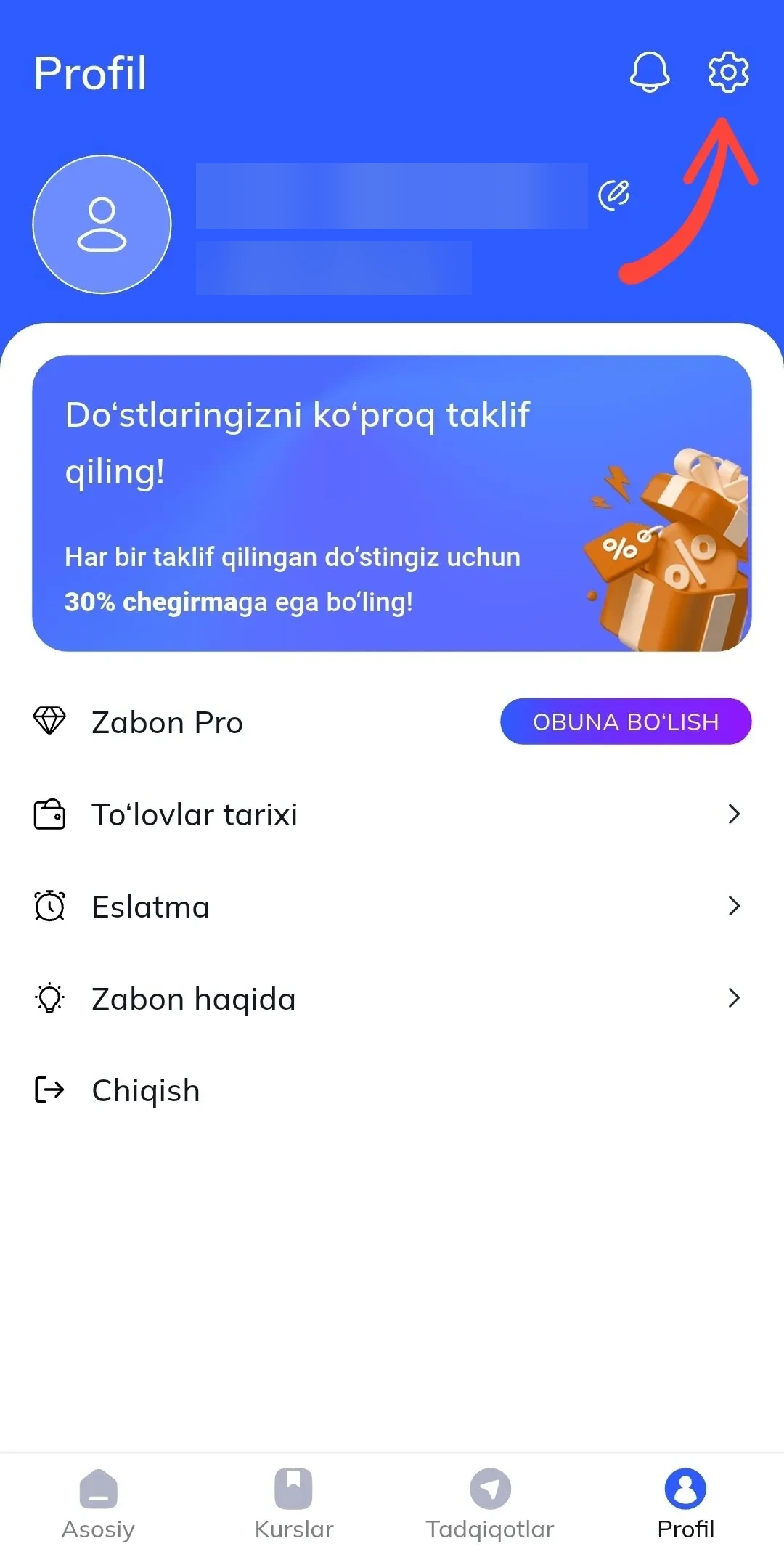 Zabon app Profil screen with the settings icon in the top right corner marked