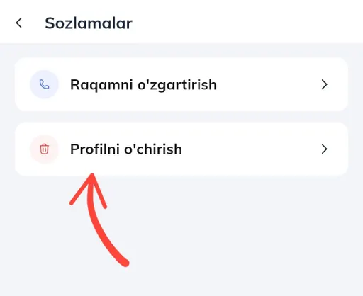 Zabon app Sozlamalar screen with the Profilni o‘chirish item marked